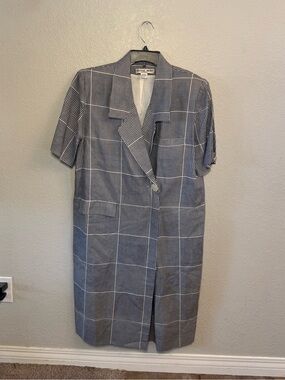 Vintage Hanae Mori Boutique 100% Linen Houndstooth Blazer Dress Blue/White